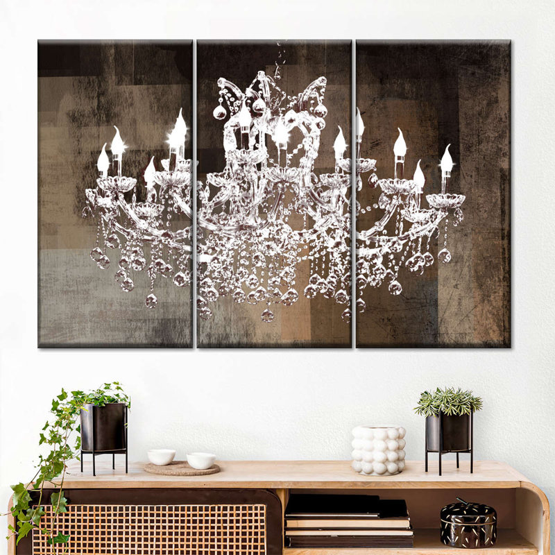 Ensemble de 3 pièces de vieux lustre en cristal sur toile Old, H 32 po x l 50 po x P 1,25 po