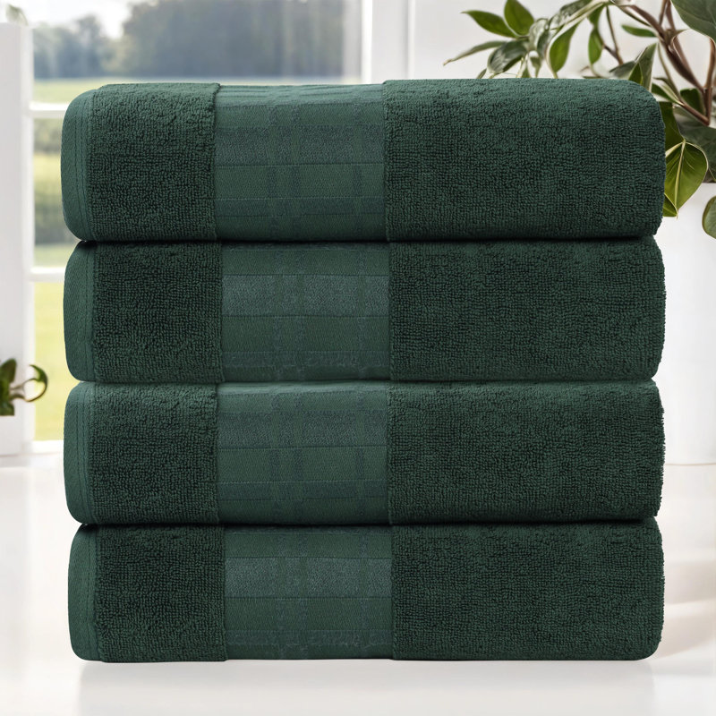Mikira Larissa Cotton Medium Weight Geometric Border Bath Towel, Forest Green