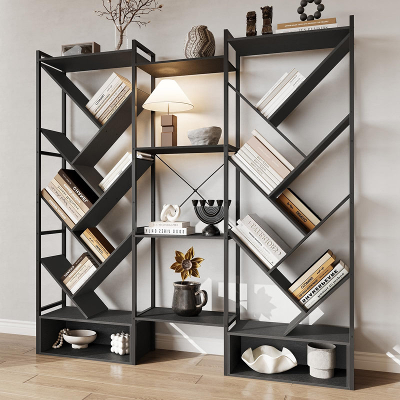 6-Tier Industrial Tree Bookshelf, Triple Column Wooden Large Bookcase with 24 Open Display Shelves, Tall Standing Tree Shelf Storage Rack