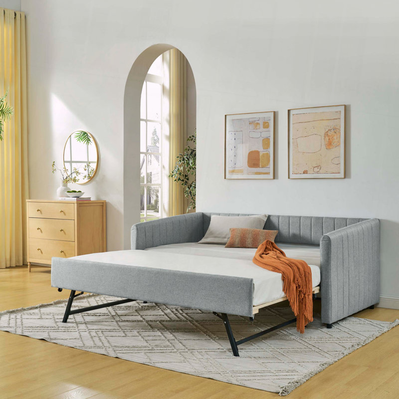 Upholstered Daybed Trundle Sofa Bed Vertical Stripes, Gray, Twin