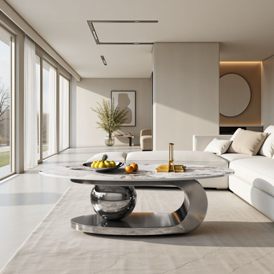 Table basse 51 po ovale en faux marbre - Plateau en pierre frittée moderne avec base en acier titane