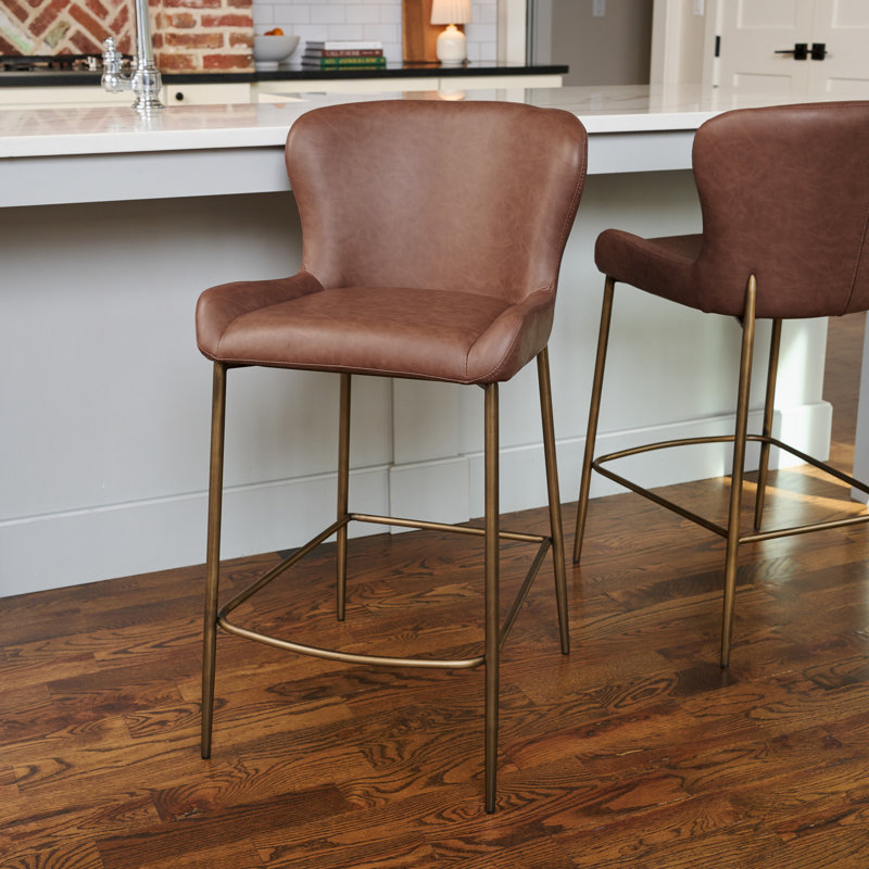 Maven Lane Naomi Stool Faux Leather, Cocoa Brown Seat/Antiqued Brass Frame, Counter Stool (26.77" Seat Height)