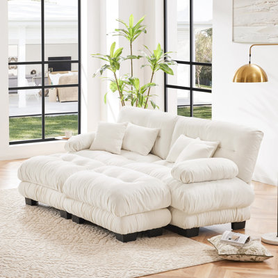 Cloud Couch Sleeper Sofa For Living Room, Chenille 2 Seater Sofa With 2 Lumbar Pillows And 2 Throw Pillows, Upholstered Wide Arm Sofa With 2 Ottomans, Chenille