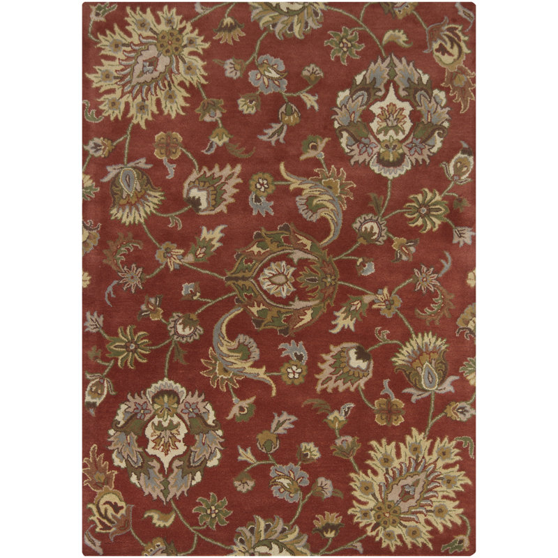 Tapis oriental en laine à motif floral traditionnel touffeté à la main brique, sauge et bleu Bartz