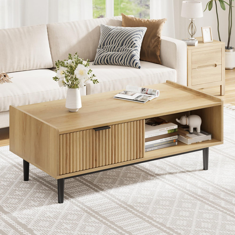 Centre de table Table basse cannelée avec tiroir 42,5 po Mid-Century moderne Centre de table avec rangement Table de salon avec tablette ouverte