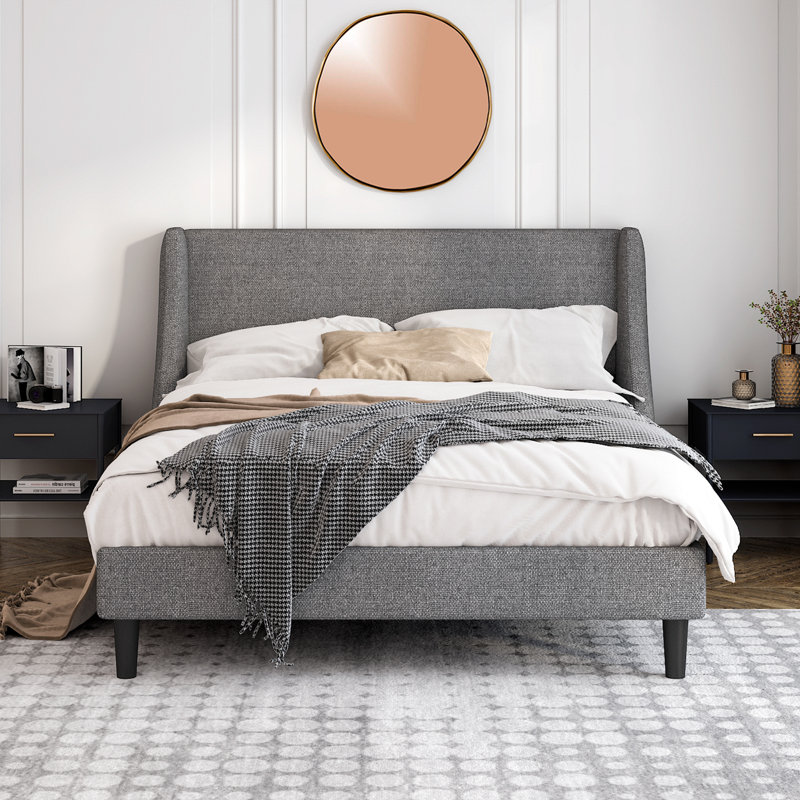 Lit plateforme tapissier Toderick avec aile de luxe et mélange de lin, Double, Gris clair