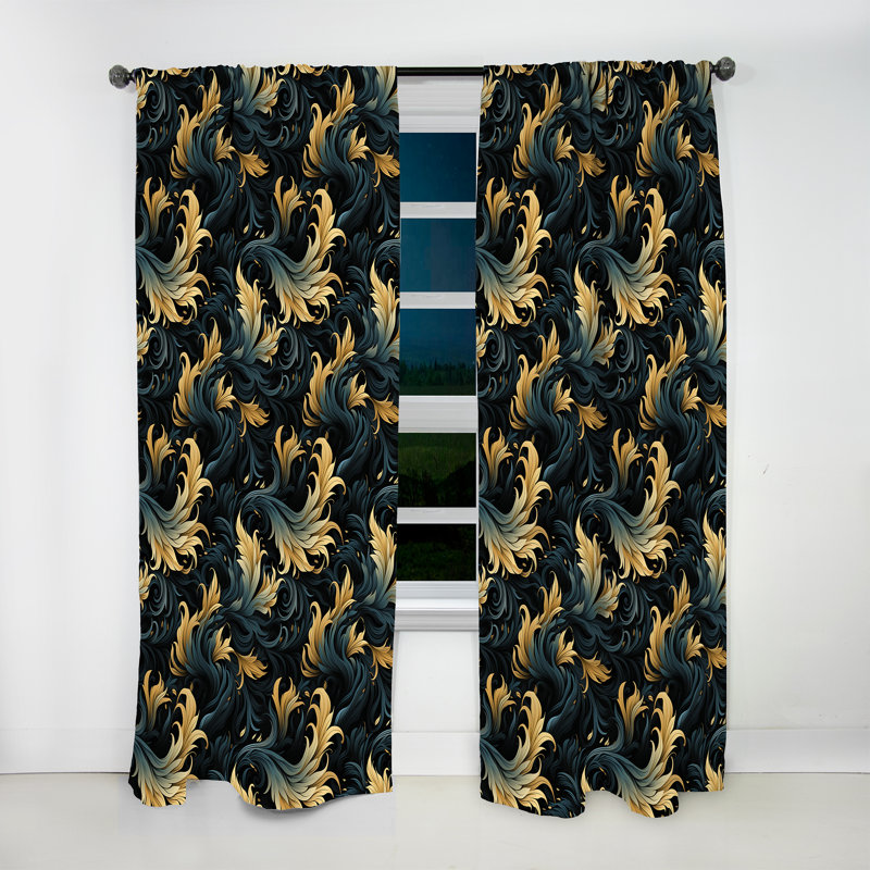 Damask Black And Golden Calligraphy Flourishes II - Bohemian Velvet Curtain - 1 Panel, 52" W x 108" L