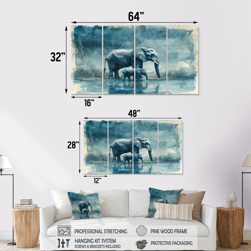 Éléphant et son veau sous la pluie - Art mural animal éléphant - Art mural moderne sur toile, H 28 po x l 48 po