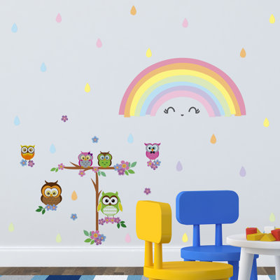 Décalcomanie murale arbre arc-en-ciel hibou