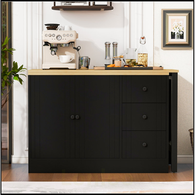 Wooden Sideboard with Extendable Table, Multifunctional Storage Cabinet for Small Spaces, 2 Doors, 3 Drawers, Living Room and Kitchen