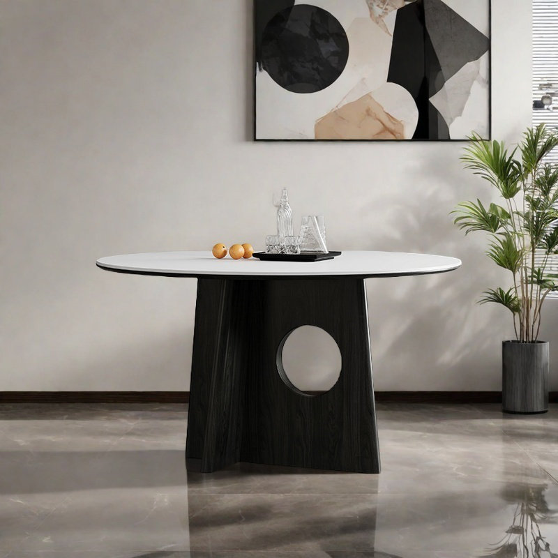 Hollow solid wood table legs round dining table, White/Black, 29.5"H x 53.1"L x 53.1"W