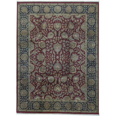 Tapis rouge, gris et bleu noué à la main de haute qualité