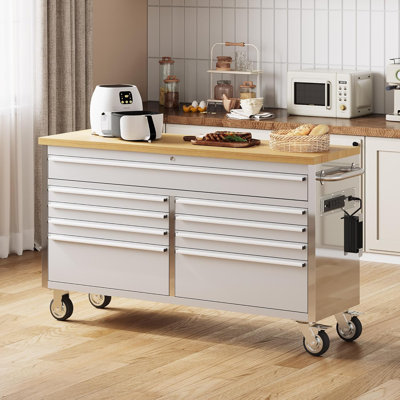 61 Inch Tool Chest, 9 Drawers, Lockable Mobile Storage Cabinet, Constructed From Stainless Steel for Strength and Stability, Spacious Design Ideal for Workshops, Garages, Kitchens, and Home Use