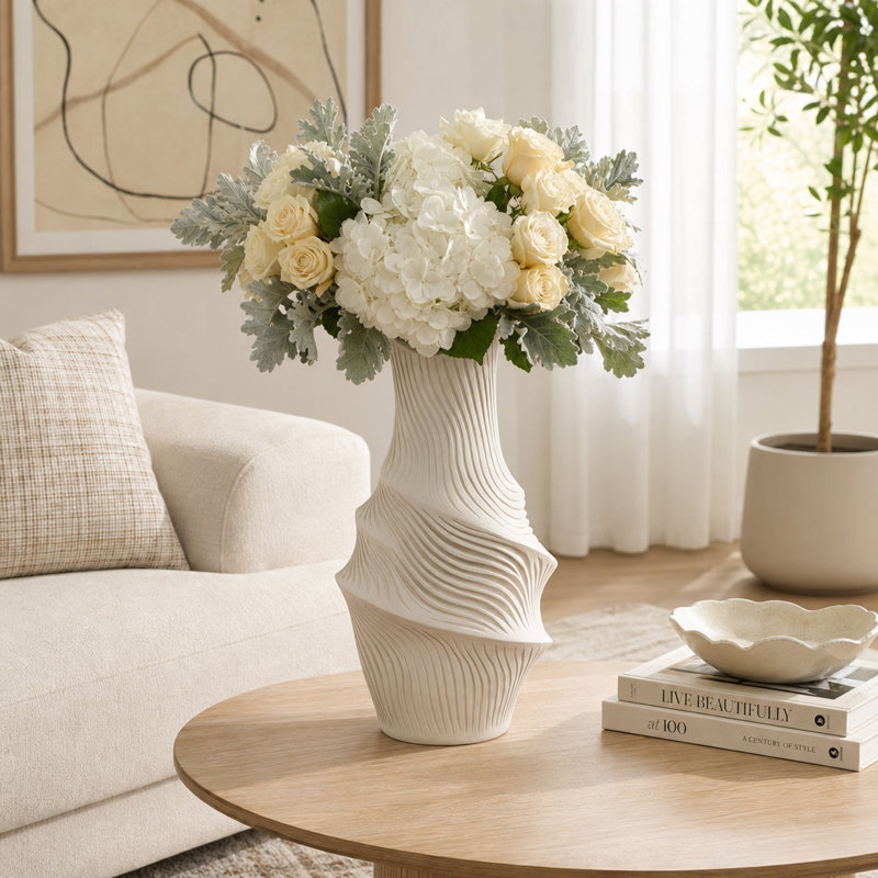 Modern Sculptural Novelty Resin Twisted Form Table Vase for Home Tabletop Decor - Tall Flower Vase Accent for Living Room or Console Display - Ivory & Tan