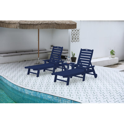 Lounge Chair With Side Table, 3-Piece Oversized Chaise Lounge Chair Set With Wood Texture,Navy Blue,All Weather Patio Lounge Chair With 5 Positions,Wheels&Cup Holder(Include 2Lounge Chairs And 1Table)
