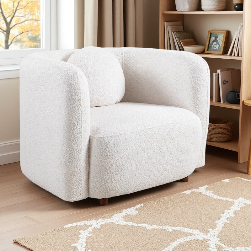 39" Wide Cozy Modern Boucle Barrel Armchair, 28" Seat Depth Accent Chair with Solid Wood Frame, Elegant White