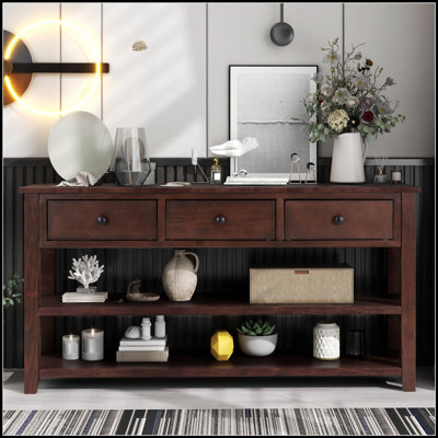 Console rétro avec deux tablettes ouvertes, structure en bois de pin massif et pieds pour le salon