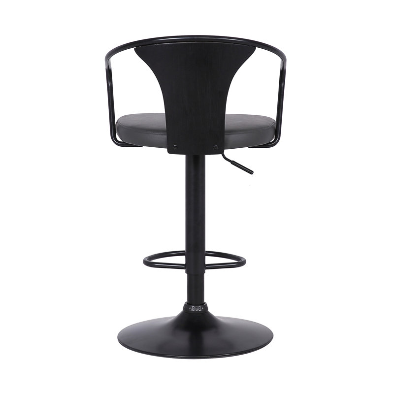 Almus Swivel Adjustable Height Bar Stool with Pedestal Base in Faux Leather, Wood and Black Metal, Grey Faux Leather