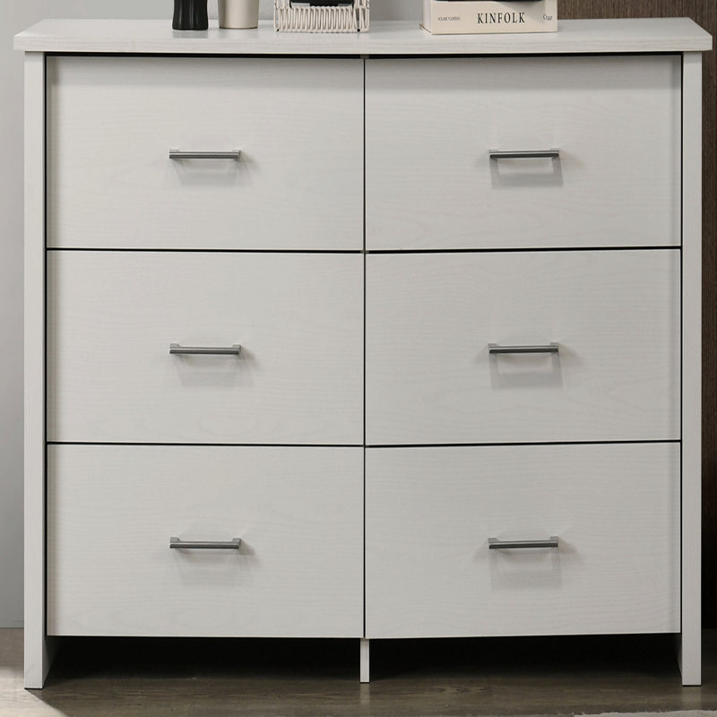 57"W White 6-Drawer Dresser With Silver Handles, White