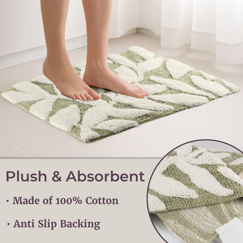 2 Piece Bathroom Rug Set - 35x22 Inch and 25x18 Inch 100% Cotton Bath Mats with Textured Botanical Leaf Print for Boho Bathroom Decor - Bath Rugs Non Slip Washable Bathmats by  (Sage Green)