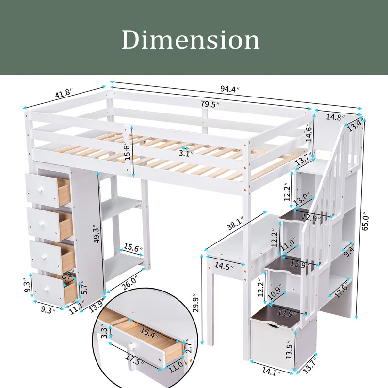 Florene Kids Twin Loft Bed, White
