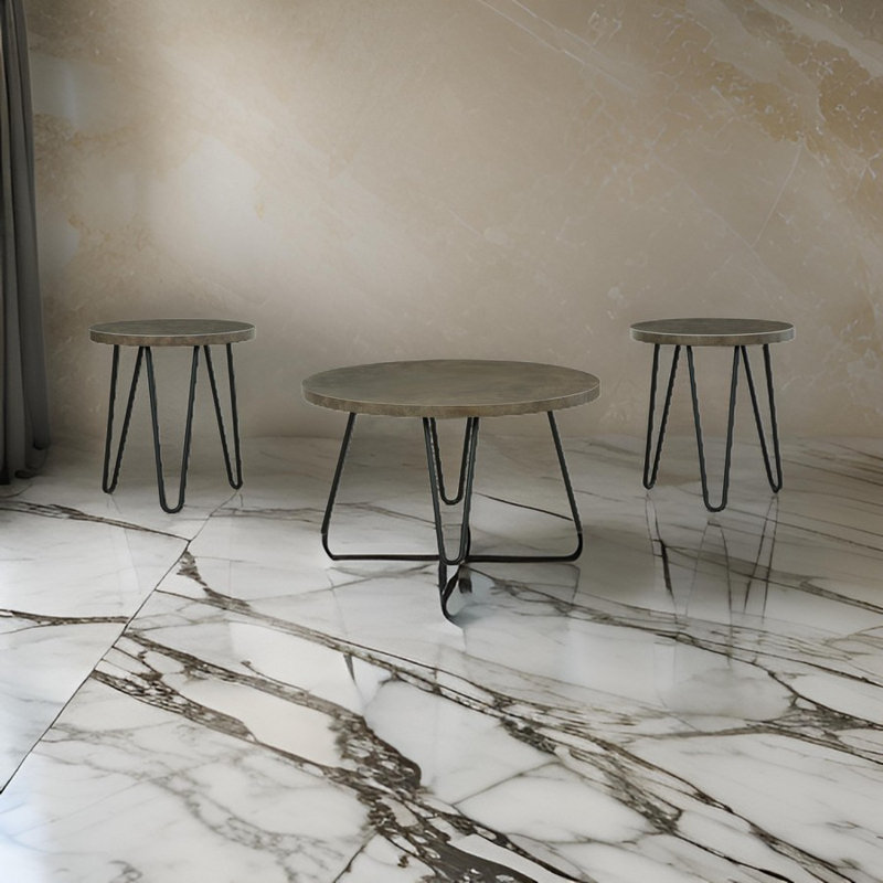 Hadasky Round Brown Faux Stone and Metal Coffee Table Set