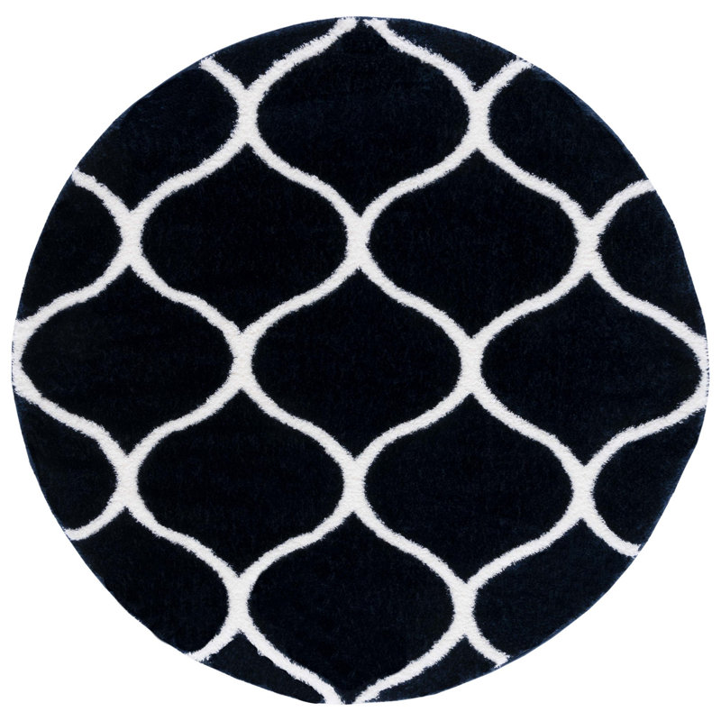 Geometric Power Loom Navy/White Area Rug, Round 6'7"
