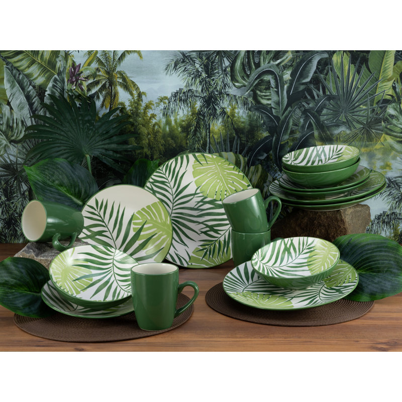TROPICANA Stoneware Dinnerware Set 16 Piece - Service for 4, White/Green
