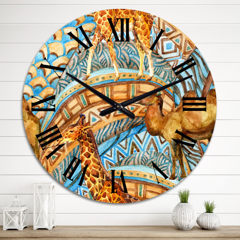 Girafe et caméléon sur une géométrie africaine - Horloge murale à motifs, Grand