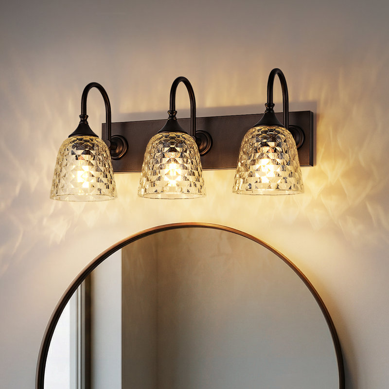 3-Light Dimmable Vanity Light With Geometric Patterned Glass, Bronze frotté à l'huile