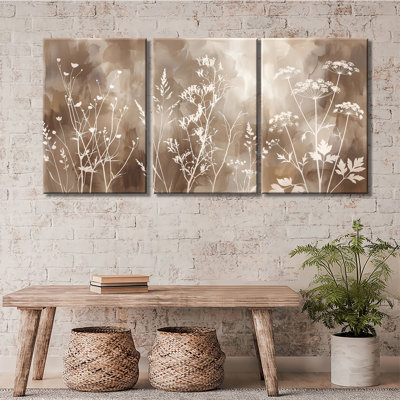 Art mural sur toile, sépia, fleurs sauvages, aquarelle - toile tendue avec châssis de qualité supérieure - prête à être accrochée (ensemble de 3) 
