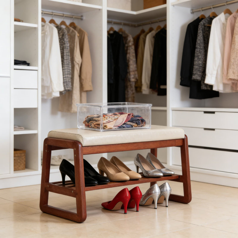 Solid Wood Entryway Bench With Cushion And 2-Tier Shoe Storage, Sturdy Shoe Organizer For Hallway, Living Room, And Foyer