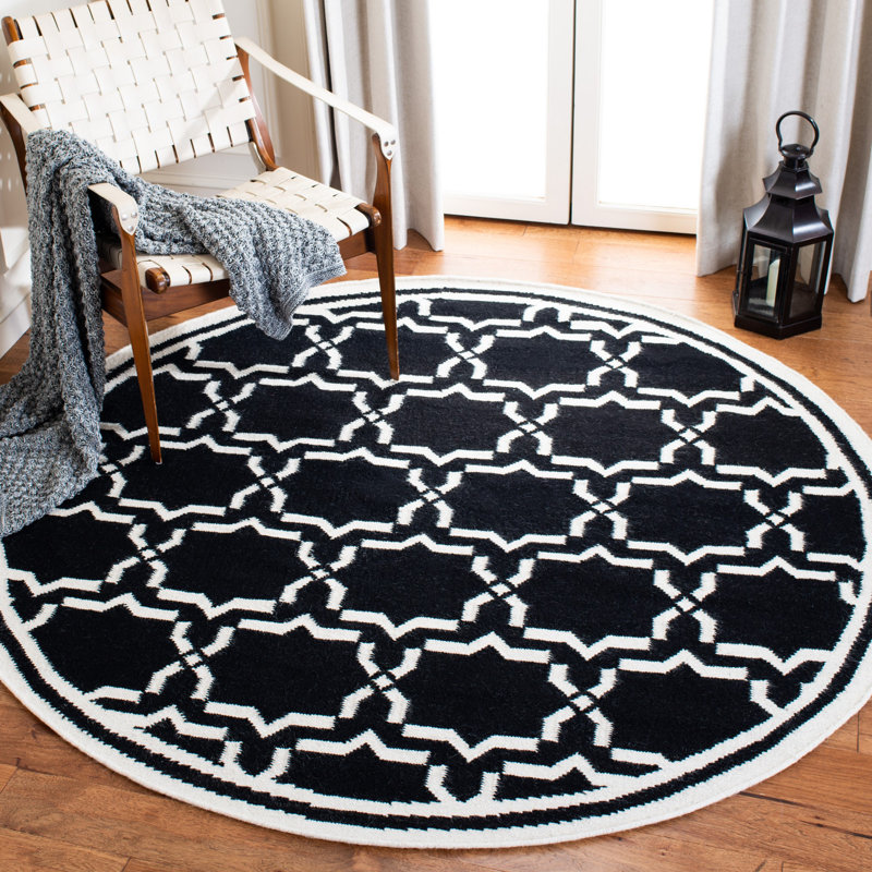 Rodgers Hand Woven Flat Weave Wool/Cotton Geometric Rug in Black/Ivory, Round 8'