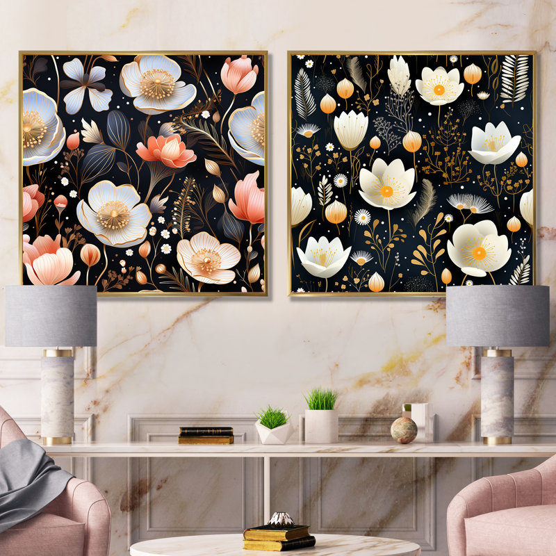 Conyer - Ensemble de salon mural floral 2 pièces, Cadre flottant doré, H 16 po x l 33 po x P 1 po