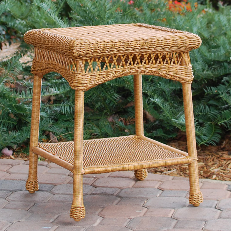 Amber Resin Wicker Outdoor Side Table with Open Shelf