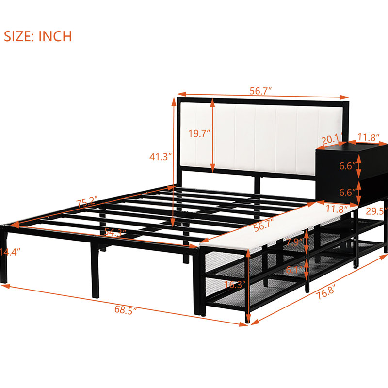 Lit plateforme élégant en métal avec revêtement doux et rangement dissimulé, espace de repos rembourré noir moderne, Double