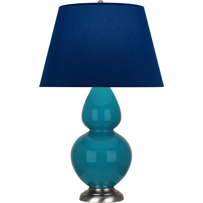 Lampe de table double gourde en céramique, Bleu marine/gris, Paon verni / argent antique, Argent argent