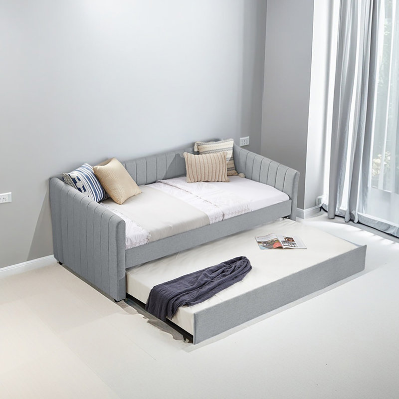 Daybed With Trundle Upholstered Sofa Bed, With Vertical Stripes, Linen Fabric, Twin, Gray