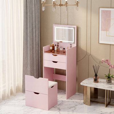Coiffeuse et tabouret, ensemble de coiffeuse multifonctionnel 3-en-1, comprenant trois modes d'éclairage, miroir HD, deux tiroirs coulissants et un tabouret de rangement caché
