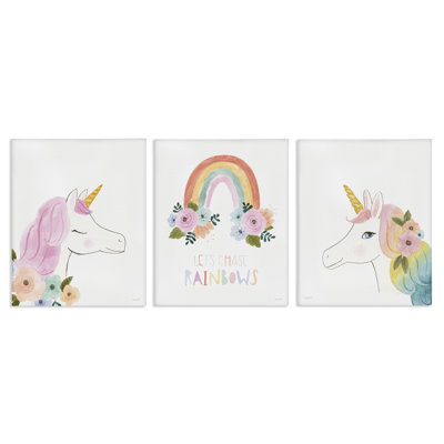 Let's Chase Rainbows Unicorns 3 Piece Canvas Set by Jenaya Jackson