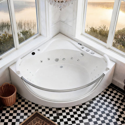 Baignoire de coin en acrylique pour 2 personnes 59 pouces, système de massage à 16 jets avec chauffe-eau, éclairage arc-en-ciel, design ultramoderne pour deux pouces et certification, idéal pour la détente