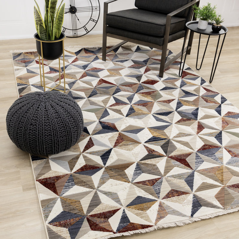 Tapis géométrique crème / gris Kupfer, Rectangle 5 pi 3 po x 7 pi 10 po