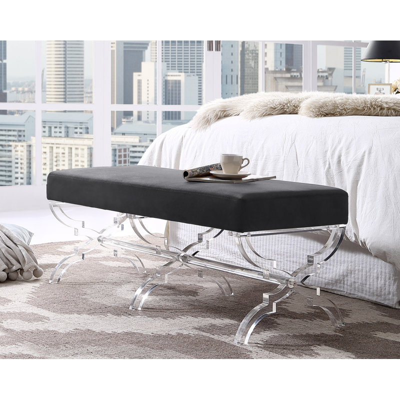Giselle Velvet Acrylic X-Leg Bench, Black