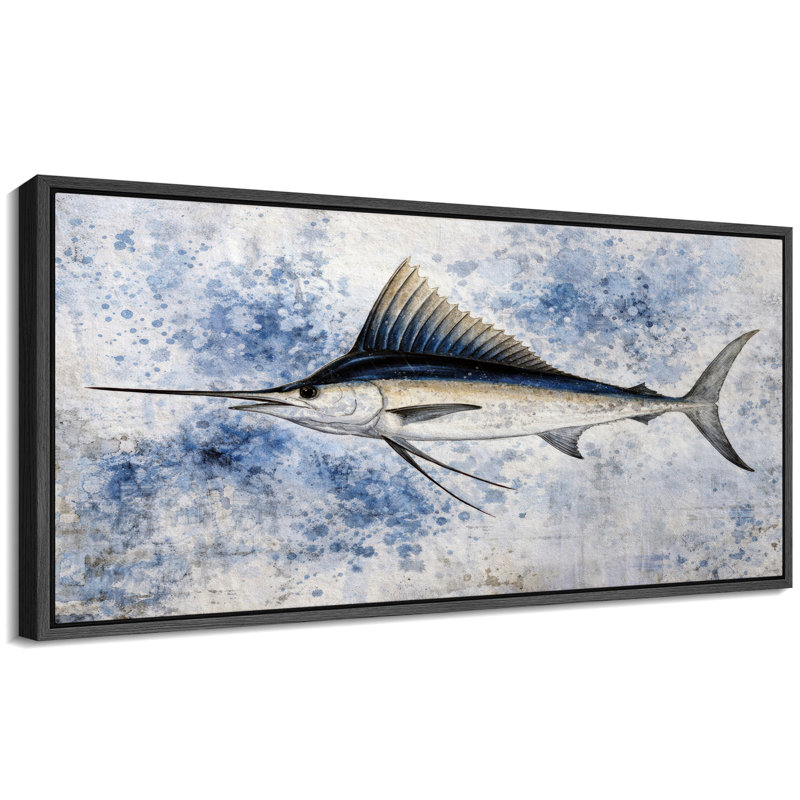 «Blue Marlin Fish Splash Coastal Nautical», impression sur toile encadrée, Noir, H 30 po x l 60 po x P 1,5 po