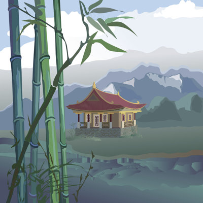 «Pagoda at the River» par Vasmila, impression sur toile tendue