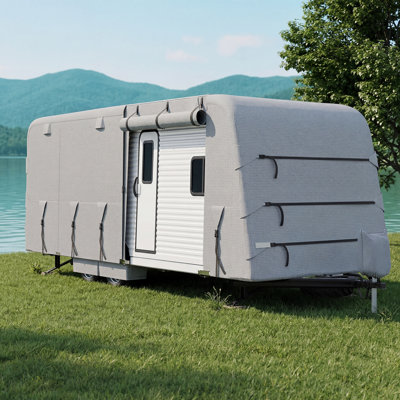 Heavy-Duty RV Cover for Campers, 4-Ply Waterproof Oxford Trailer Cover with Breathable Vents, UV Protection, Tie-Down Straps, Zipper Access, Tire Covers, and Storage Bag