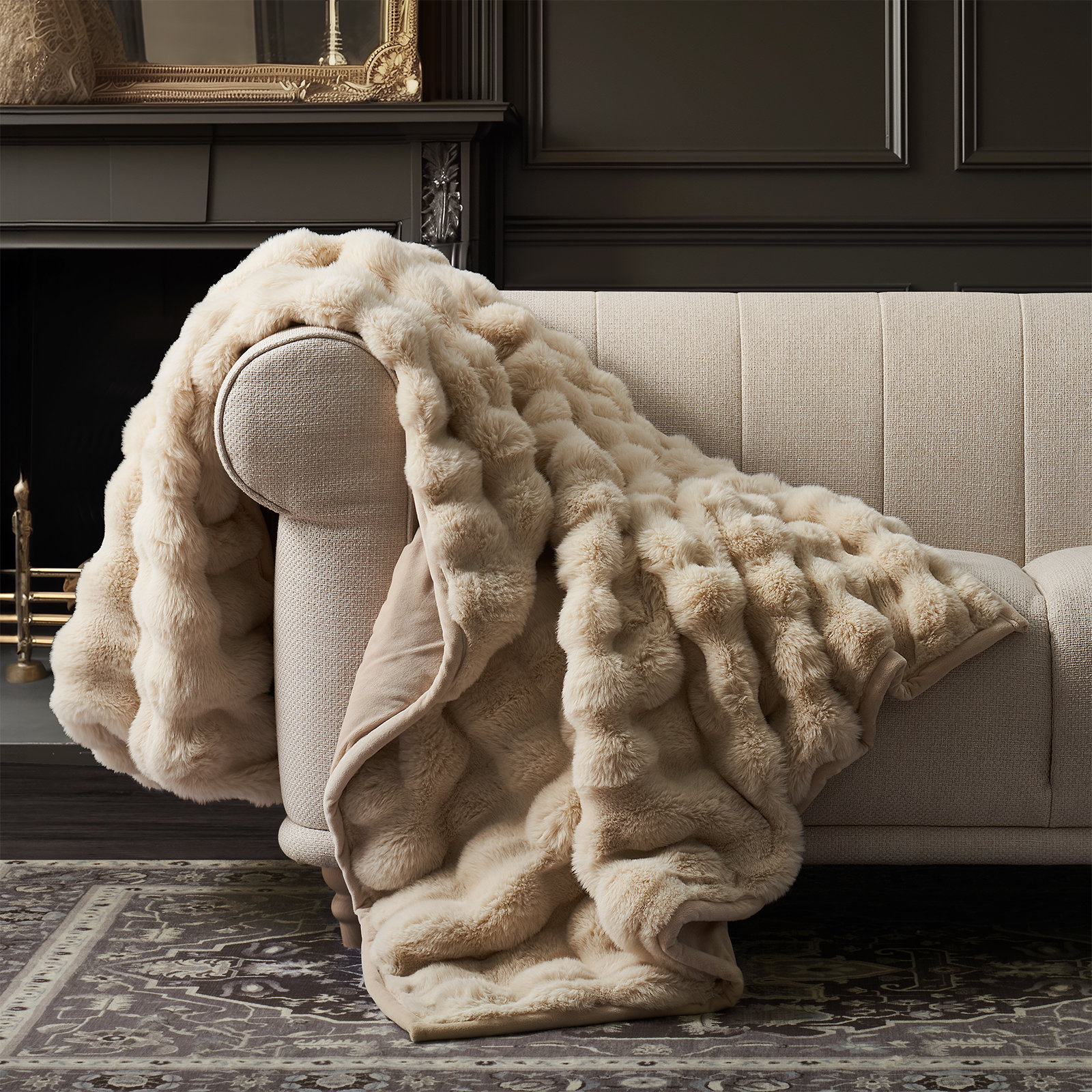 Ridgeline Faux Fur Throw Blanket, Beige, 60" L x 50" W