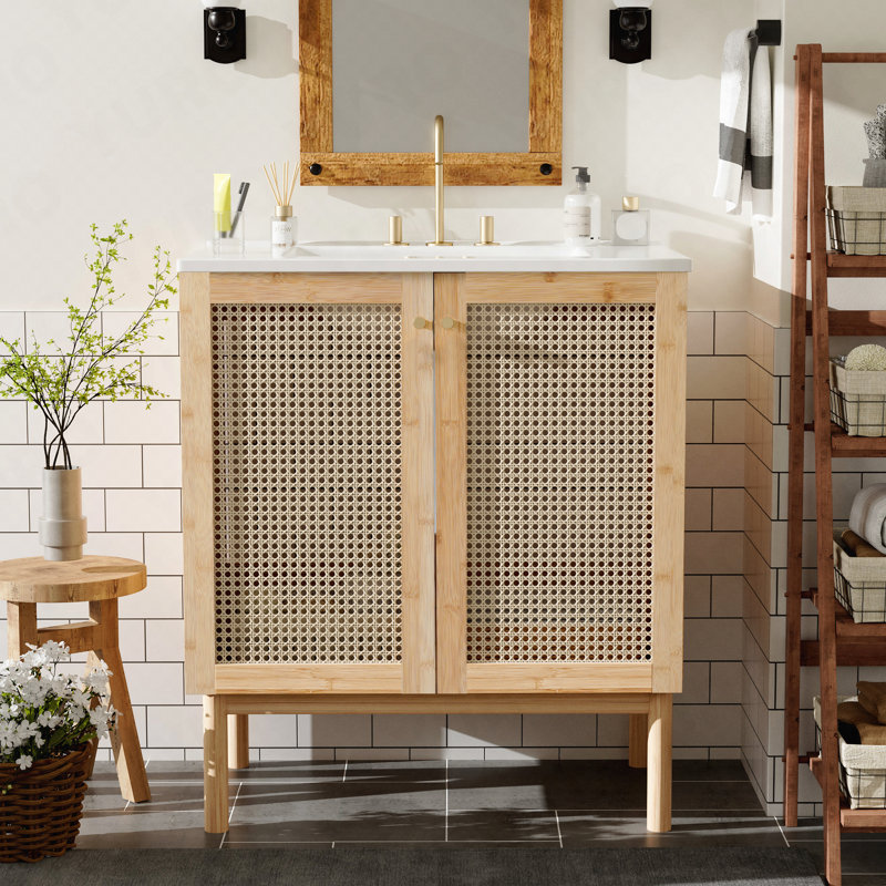 Meuble-lavabo de 30 pouces fabriqué à partir de matériaux naturels, avec des portes en rotin faites à la main et des mécanismes de fermeture en douceur