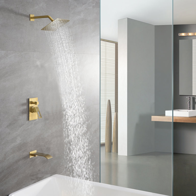 Sumerain Raindall Tub and Shower Faucet with Waterfall Spout, Wall Shower Faucet with Pressure Balance Valve, Brushed Gold
