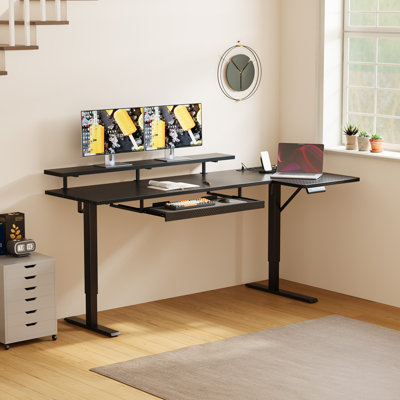 Bureau debout électrique avec réglage de la hauteur, bureau debout avec prises de courant intégrées, bureau personnel avec structure réversible, bureau d'ordinateur avec tablette pour moniteur, bureau d'écriture avec plateau à clavier sous le bureau